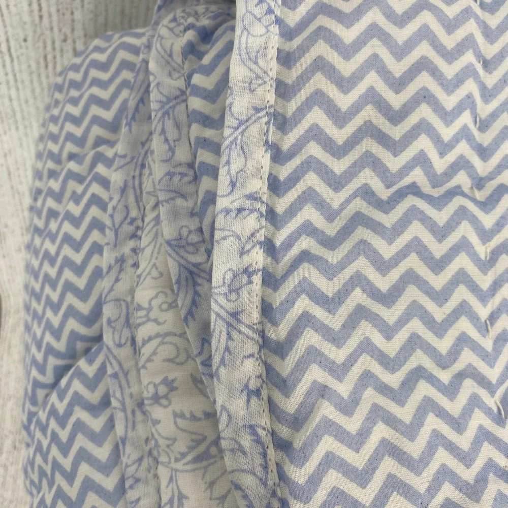 Sigrid Olsen Home Reversible Quilt Full/Queen Blue Chevron Block Print Cotton